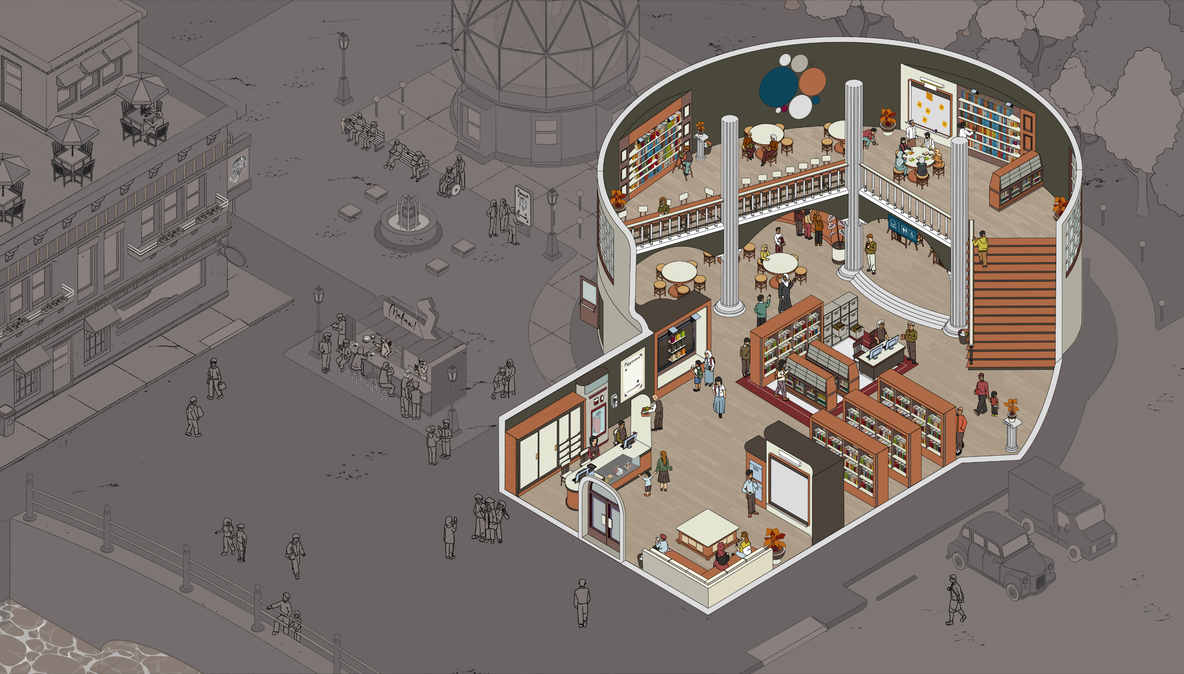 Image depicting various rooms inside the library. The library is filled with bookshelves and people engaging in activities such as searching for books, working in groups, and so on.