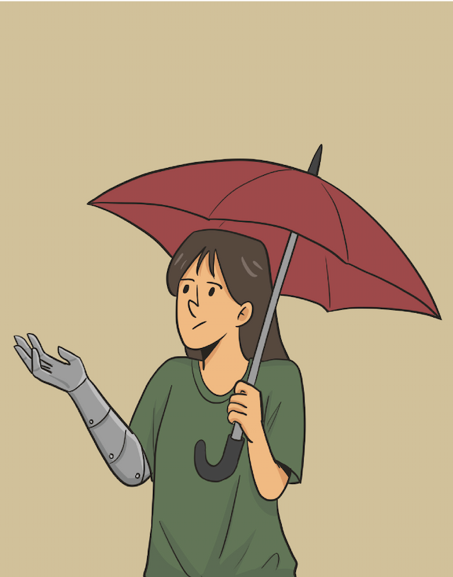 Woman using umbrella with prosthetic hand