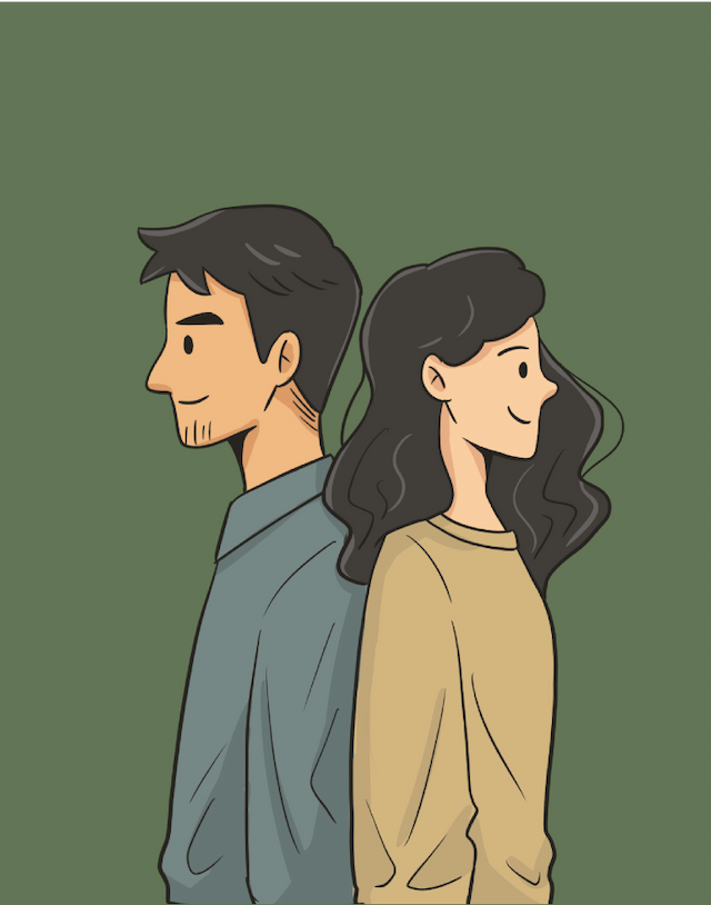 A man and a woman have their backs to each other