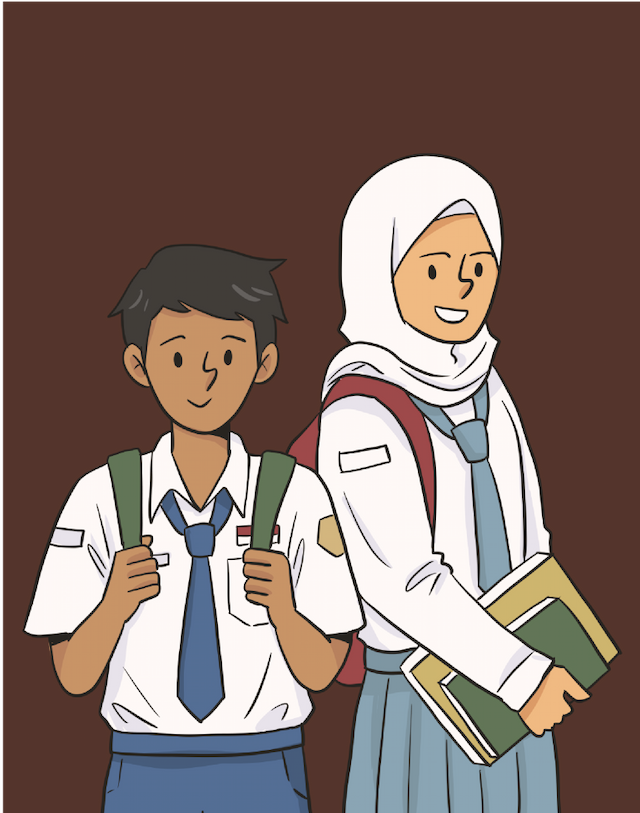 Male in junior high school uniform and female in high school uniform